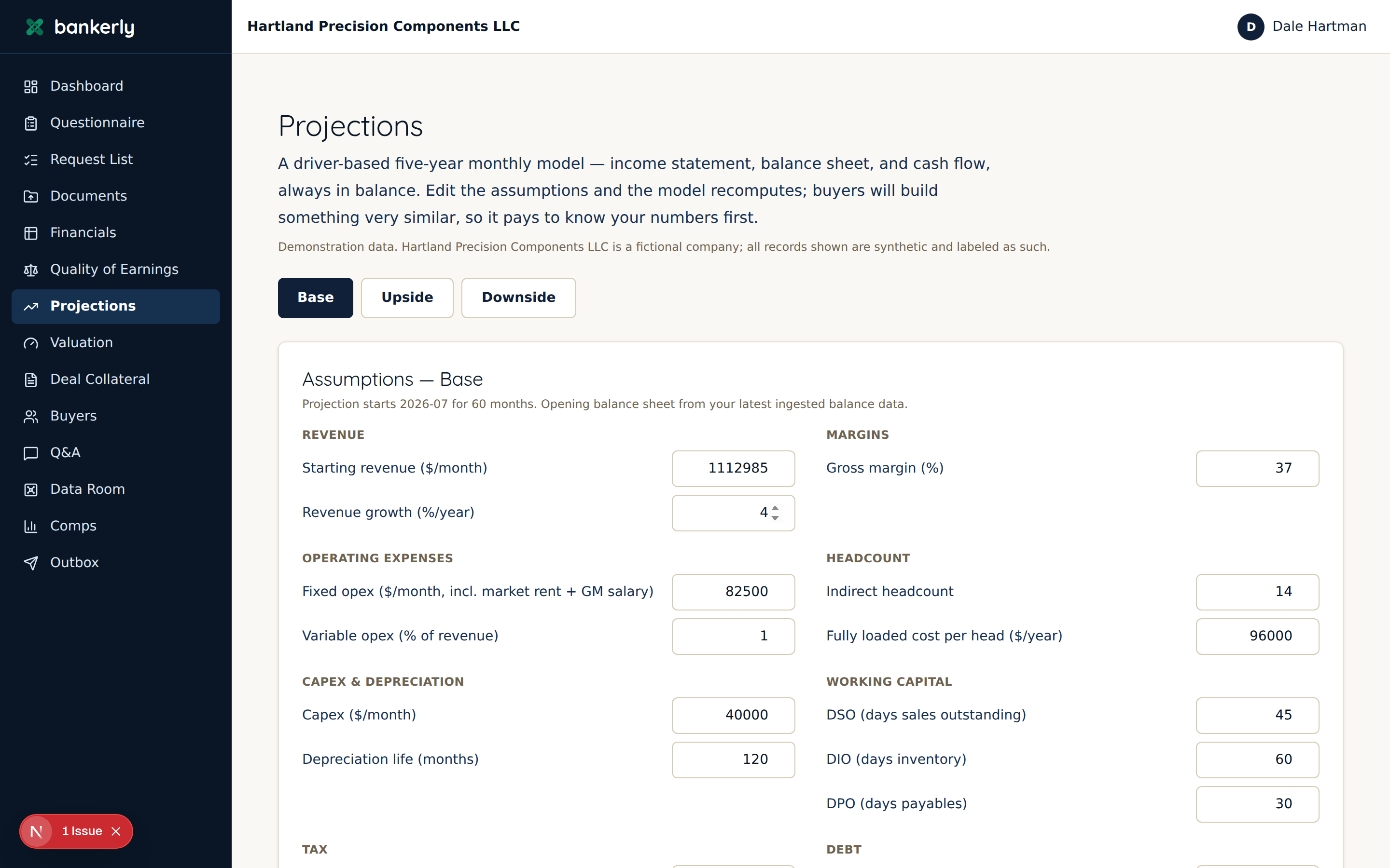 Projection model — Monthly three-statement model that recomputes and still ties